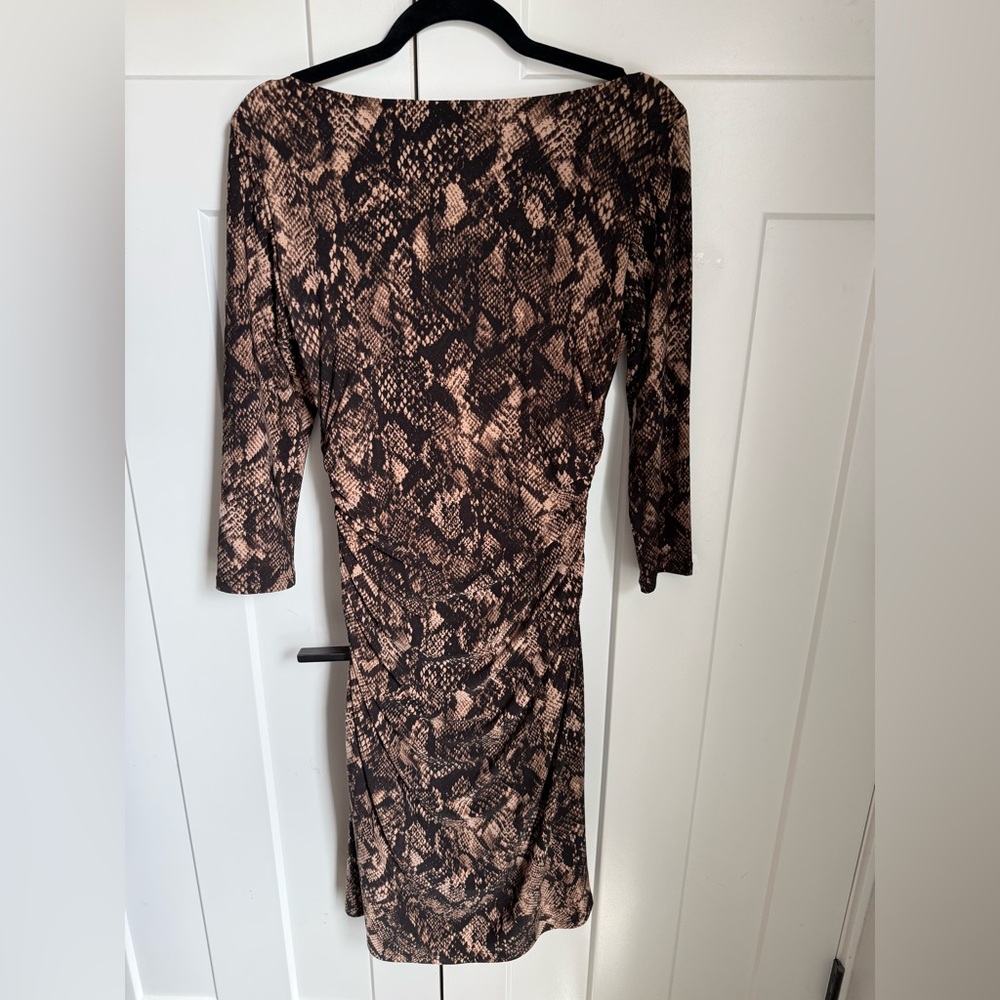 Ralph Lauren Brown and Black Snake Print Sheath Dress with side ruching. Size 8. - Picture 4 of 6